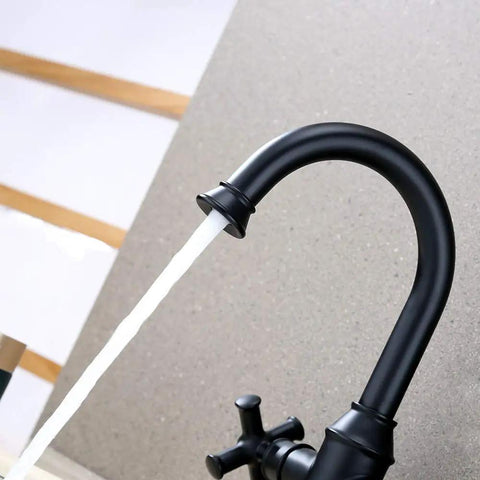 Matte Black Two Handle Bathroom Sink Faucet With 360 Degree Swivel Spout For 1 Hole Vanities Drip Free Ceramic Cartridge Solid Brass Waterway Includes Water Supply Line Easy Install, side view with running water