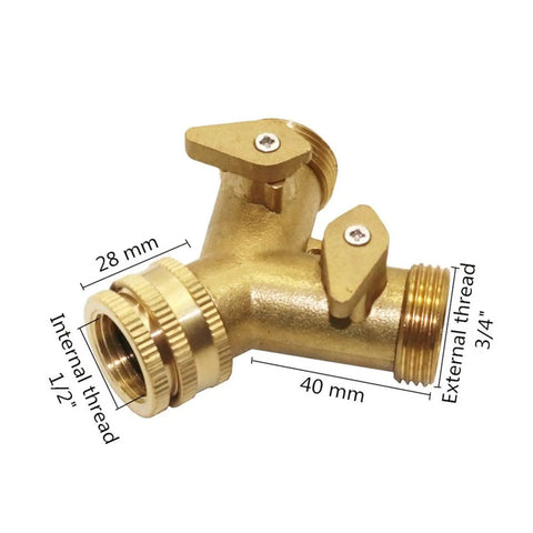 Premium Heavy Duty Brass Y Ball Valve Splitter Adapter 1/2 Female To 3/4 Male Thread Connector showing dimensions for faucet use.