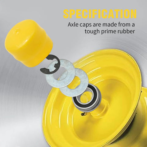 Heavy Duty 8 Pack M143338 Axle Cap Cover Set For John Deere L100 D100 G100 GT235 GT245 LX277 Riding Lawn Tractor Parts With Dang Sure Fits And Slick Grease Channels, yellow rubber axle cap with metal washers.