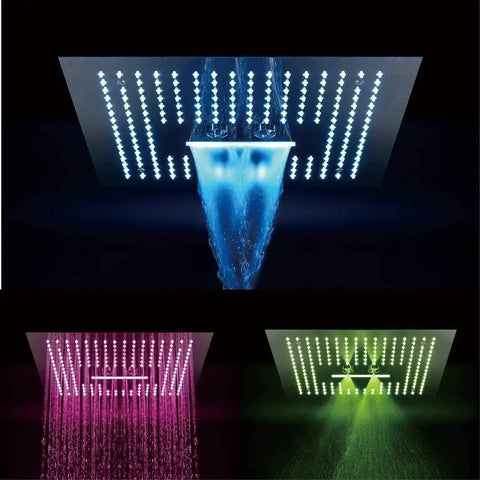 Super Slick Concealed Led Shower System Featuring Three Massive Side Beams And Five Plus One Spray Settings Paired With A Rock Solid Lead Free Basin Mixer, multi-colored water spray.