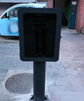 Top Shelf Outdoor EV Charger Pedestal With Keypad Lock For Tesla Model Y heavy duty steel station box on sidewalk.
