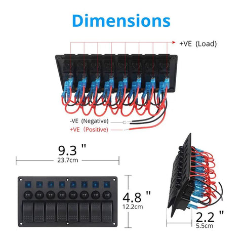 Dimensions of Universal 8 Gang LED Rocker Switch Panel For Boats And Trailers 12V/24V Waterproof with wiring details