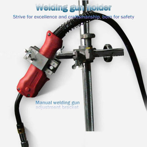 Welding gun holder with adjustment bracket for stability and safety with red grip and flexible hose.