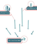 Flat Head Phillips Electrician Machine Screw Kit 370 Piece Set With Durable Carbon Steel Fasteners Blue And White Zinc Coating Rust And Corrosion Resistant Ideal For Electronics Medical Equipment Aerospace Wind Power And Office Gear showing Phillips flat head screws with zinc-plated finish and various lengths