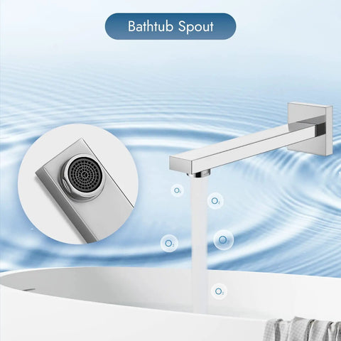 3-Function Wall Mount Shower System With Mixer, Tub Spout, Luxury Chrome Bath Fixtures, Water Flowing into Bathtub
