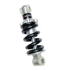Beefed Up Front Shock Absorber Suspension For Go Karts And Scooters, 750Lbs Capacity, 4.9In Mounting, 5.67In Overall Length, 6Mm Coil Spring, Silver With Black Coil, Front Replacement For Coleman KT196 HiSun HS200GK, shown in silver and black colors, side view