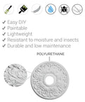 Product details of Bradford Split Ceiling Medallion With Primed Finish Twelve And A Half Inch Outer Diameter showing features and material.