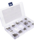 Assorted Serrated Lock Washer Set With 400 Pieces In M2 To M12 Sizes Featuring Internal And External Toothed Designs Made From Heavy Duty Stainless Steel in a storage box.