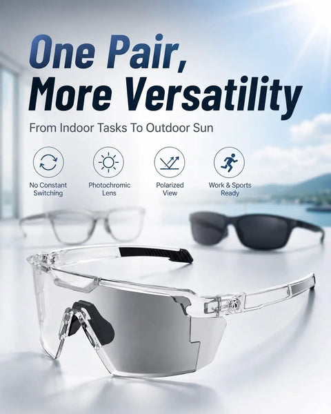 Kickass Impact Resistant Photochromic Polarized Safety Glasses Featuring Adaptive UV400 Lenses, clear style for outdoor and sports use.