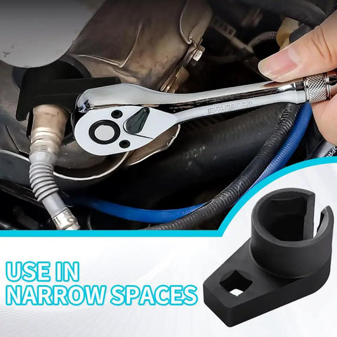 Offset O2 Sensor Socket 7/8 Inch (22mm) With 3/8 Inch Drive, in use for vehicle oxygen sensor removal, showing tool in tight engine space