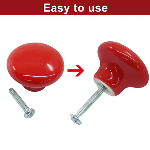 Bold Red Ceramic Cabinet Knobs Set Featuring No Sweat Installation And Top Notch Durability For An Instant Kitchen Glow Up And Quick Drawer Fix Including Premium Fasteners And Driver Ready For Your Next Weekend DIY Project Today showing two red ceramic knobs and screws.