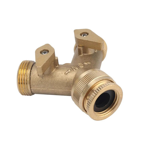 Heavy Duty Solid Brass Y Shaped Valve Two Way Water Splitter Faucet Adapter With Ball Control for garden irrigation, with brass finish.