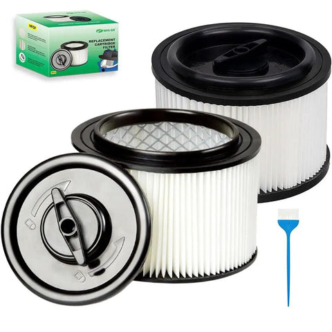 Two Pack Washable Cartridge Filter And Retainer Set For Four Gallon Wet Dry Vacuums With Brush For Quick Swaps displayed with box