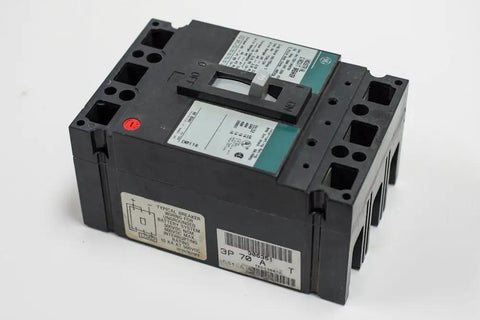 Premium Industrial Circuit Breaker 3 Pole 240 Volt 50 Amp Thermal Magnetic Molded Case angle view with label details