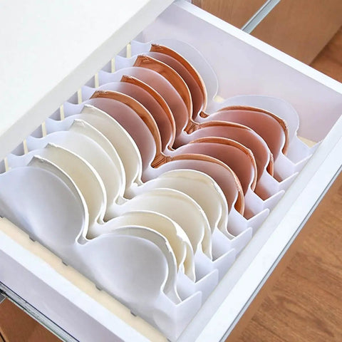 Six Piece Clear Plastic Bra Storage Box With Dividers For Wardrobe Closet Drawer Organization, displaying neatly organized bras in a drawer.