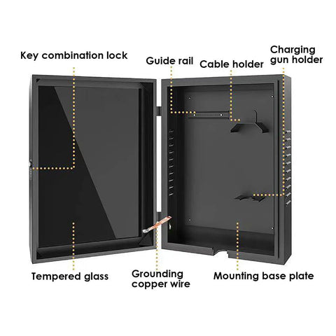 Kickass Ev Charger Box Outdoor With Pedestal Stand And Secure Lock Cover Weather Resistant Housing For Home Electric Vehicle Recharges Sleek matte black case showing interior features like combination lock and cable holder.