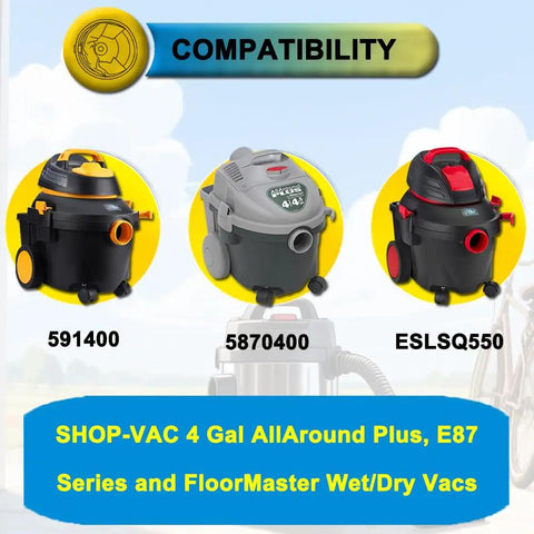 Compatibility display for 15 Pack Type D Replacement Vacuum Bags for 4 Gallon Shop Vac AllAround Plus, E87, FloorMaster models.