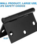 Close-up of a 3.5 inch matte black door hinge with square corner showing 0.22 inch thickness, part of 18 Pack 3.5 Inch Matte Black Door Hinges With Square Corner Interior Residential Kit Includes 108 Screws And Extra Long Fasteners, 270 Degree Swing, DIY Friendly And Durable, Perfect For Doors Cabinets Office And Living Space Decor.