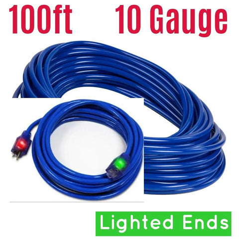Badass 100 Foot Extension Cord With Glowing Lighted Ends Heavy Duty 10 Gauge Wire for outdoor use, showcasing blue cable and lighted ends.