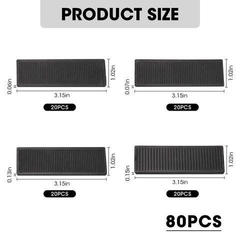 80 Piece Solid Plastic Shims For Leveling Black Drywall Shim Set With Three Sixty Fourths Of An Inch Five Sixty Fourths Of An Inch One Eighth Of An Inch And Five Thirty Seconds Of An Inch For Precise Floor And Wall Leveling And Alignment size chart