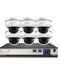 Heavy Duty 10X Optical Zoom 5MP PTZ Dome PoE Security Camera Delivering Kickass 4K Coverage Plus An 8CH H265 Video Recorder system showing six dome cameras and recorder.