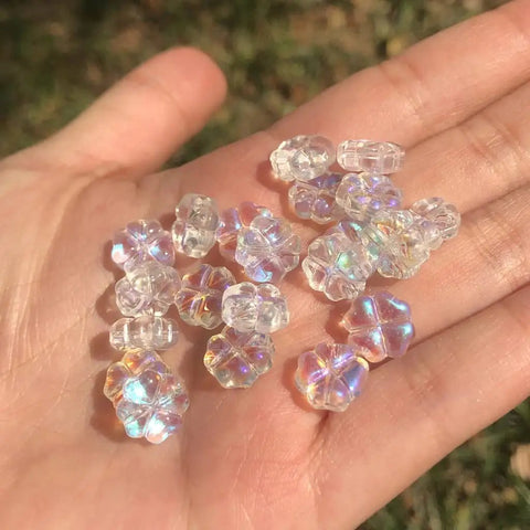 Straight Up Killer Handmade Lampwork Crystal Flower Spacer Beads Flat Round Loose For DIY Jewelry Making Supplies. Floral beads in hand.
