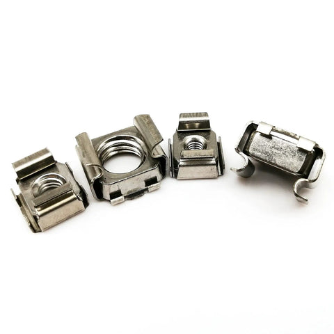 Rugged 304 Stainless Steel Square Clip Floating Cage Nuts For Server Rack And Cabinet Mount M10 Threaded Hardware Fasteners 2 Piece Pack showing multiple angles.