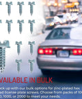 Image of Rock-Solid 1000 Pack Zinc Plated License Plate Screws Size Number 14 By Three-Quarters Inch Hex Head Fasteners shown on car.