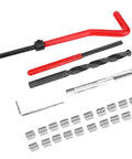 Pro Grade M7x1 Thread Repair Kit 25 Piece Stainless Steel Insert Set With Drill Tap Wrench Breaker And Hex Wrench For Aluminum Auto Parts And High Voltage Repairs, tools and inserts laid out