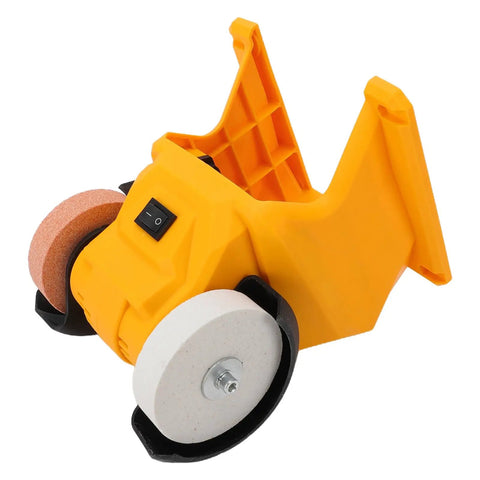 Kickass Cordless Bench Grinder With Dual Grinding Wheels And Blazing 5500 Rpm Spin, yellow body, dual wheels, compact design, power switch.