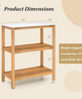 Outdoor Wooden Sideboard With Marble Look Countertop And Three Tier Acacia Buffet Organizer For Patio Yard, shown with dimensions and weight capacity details.