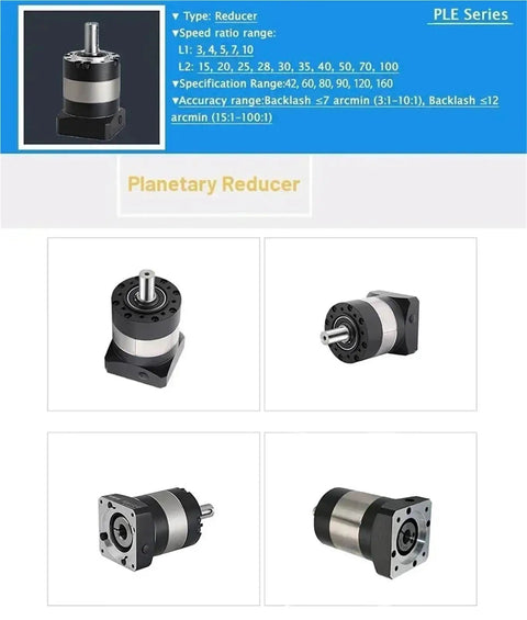 Pro Grade Planetary Gearbox Reducer With Round Flange Mount designed for automation, showcasing various angles and specifications.