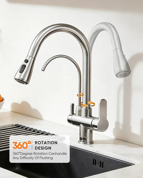 Two Handle Kitchen Faucet With Pull Down Sprayer And 24 Inch Hose Brushed Nickel 3 In 1 Water Filter Purifier in modern kitchen