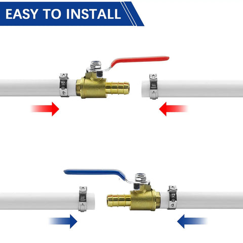 Three Quarter Inch PEX Ball Valve Kit installation with brass full port shut off valves, red and blue handles on PEX tubing.