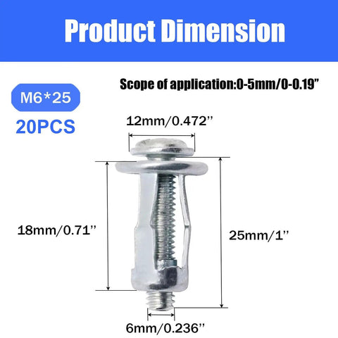 Heavy Duty M6 Hollow Wall Anchors For Thin Walls 1 Inch Long Galvanized Carbon Steel with product dimensions shown.