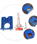 Effortless Concealed Hinge Hole Drilling Kit For Woodworking With 35mm Drill Bit Positioner And Precision Hole Puncher 5 Piece Set Adjustable And Easy To Use ShineOFI, featuring blue positioner, drill bit, and puncher.