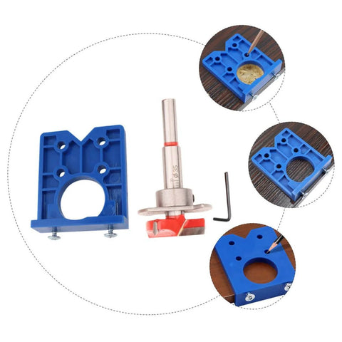 Effortless Concealed Hinge Hole Drilling Kit For Woodworking With 35mm Drill Bit Positioner And Precision Hole Puncher 5 Piece Set Adjustable And Easy To Use ShineOFI, featuring blue positioner, drill bit, and puncher.