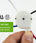 Close-up of a ceiling fan pull chain switch with three speeds and four preinstalled wires includes CBB61 capacitor set.