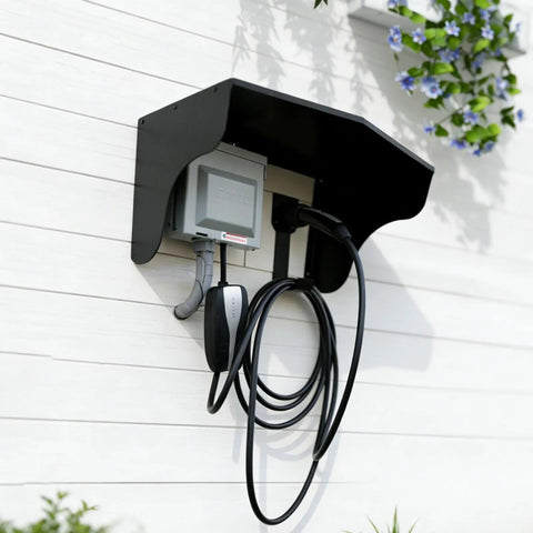 Built Tough Aluminum EV Charger Cover And All Weather Sun Shield For Wall Mounted Electric Vehicle Stations installed on a white wall.