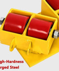 Close-up of Heavy Duty Trailer Mover Dolly with One Eighty Degree Pivot and Comfort Grip Handle, featuring red polyurethane rollers.