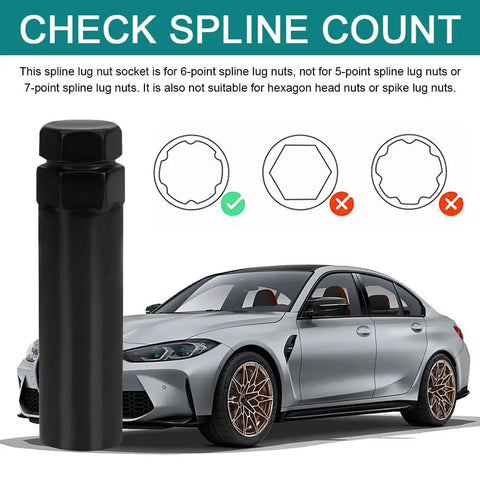 Premium 6 Point Spline Lug Nut Key For Stubborn Anti Theft Wheel Locks Quick Swivel Tuner Socket displayed on car with spline counts
