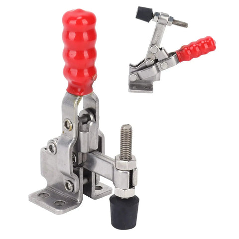 Heavy-Duty Stainless Steel Horizontal Toggle Clamp With 220.5 Pounds Holding Capacity, Quick Clamp For Metalworking, Welding, Molds, Circuit Boards, Electronic Equipment Installations And Workshop Projects, red handle, shown open