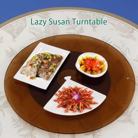 Silky Smooth Lazy Susan Turntable Crafted From Hella Durable Tempered Glass For Effortless 360 Degree Serving with food dishes