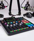 Rodecaster Pro II Integrated Audio Production Console with two Podmics and NTH-100 Headphones setup for podcast streaming.