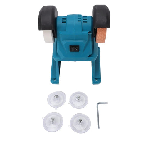 Badass Cordless Mini Bench Grinder Featuring Dual Grinding Wheels And A Rock Solid Suction Mount For Zero Vibration Sharpening angled view with suction cups.