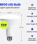 Energy Saving LED BR30 Flood Bulbs 65W Equivalent 10.5W Dimmable Damp Rated 650 Lumens 2700K Soft White E26 Base specifications