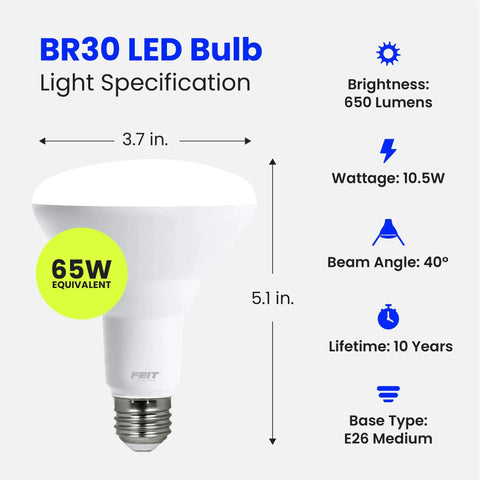 Energy Saving LED BR30 Flood Bulbs 65W Equivalent 10.5W Dimmable Damp Rated 650 Lumens 2700K Soft White E26 Base specifications
