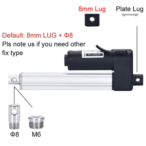 Hella Reliable 24V Electric Linear Actuator With Telescopic Tube and Wide Stroke Range, showing 8mm lug and Φ8 fitting.