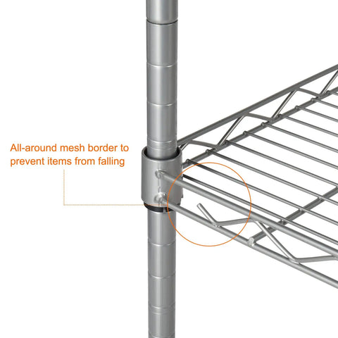 Close-up of Badass Five Tier Adjustable Metal Wire Shelving Rack With Reinforced Mesh Guardrails showing mesh border detail to prevent falling.