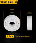 Rock Solid Full Ceramic Bearings 2 Pack 608 Zirconia Ball Bearings 8X22X7mm close-up side and front view with dimensions marked.